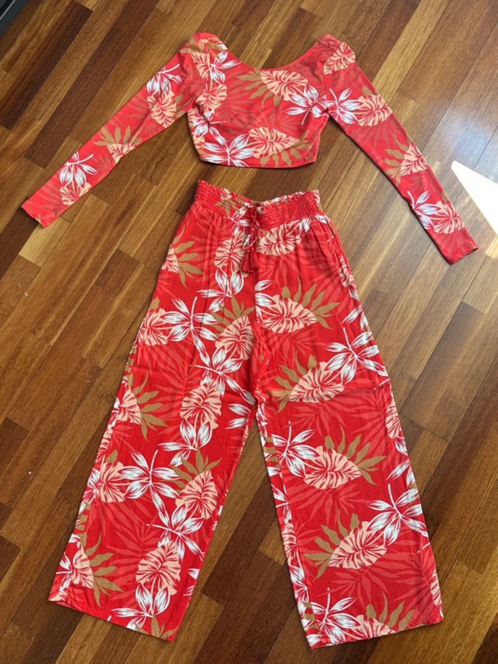 Roxy Red Tropical Print Wide-Leg Pants + Matching Long sleeve Swim Top